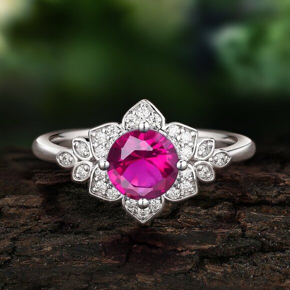 Vintage Style Floral ring - Flamingo Pink Ruby, Art Deco Flower Ring - Picture 1 of 4